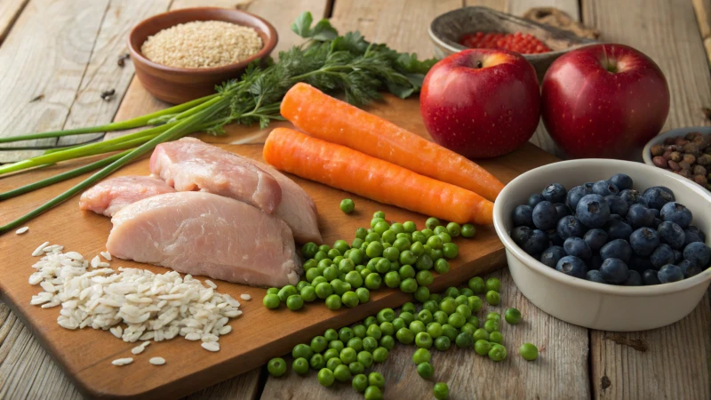 A wooden table with dog-safe ingredients including meats, vegetables, fruits, and grains.