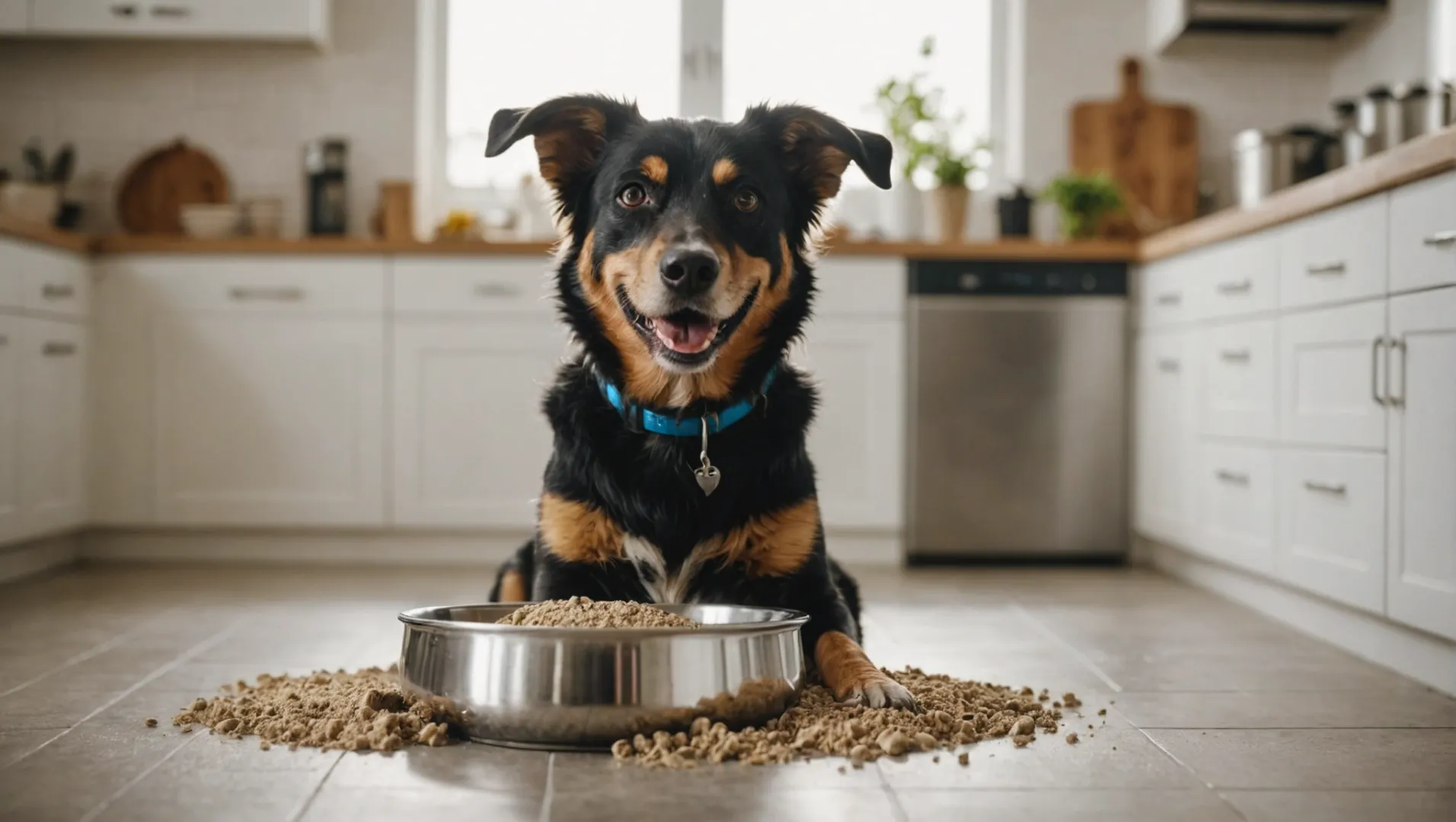 A dog watching a bowl of ground bone meal