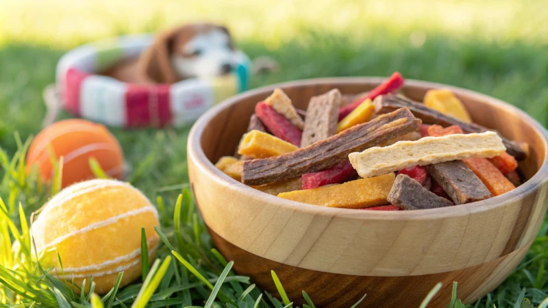 A wooden bowl filled with dog treats on a natural background.