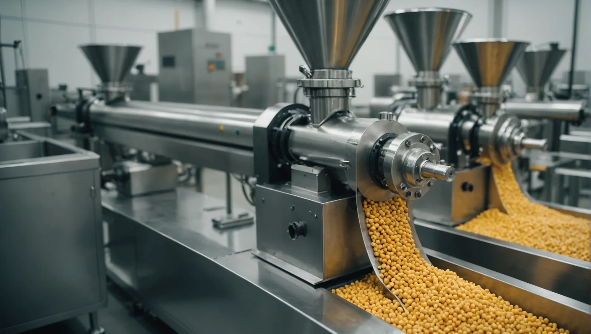 Close-up of a double screw extruder in a food processing facility, with ingredients being mixed and extruded