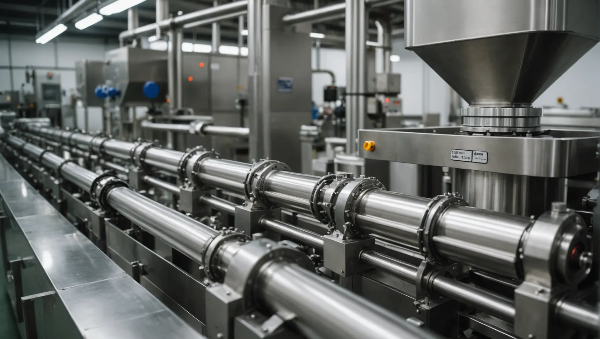 Close-up view of a double screw extruder in action, processing pet food ingredients