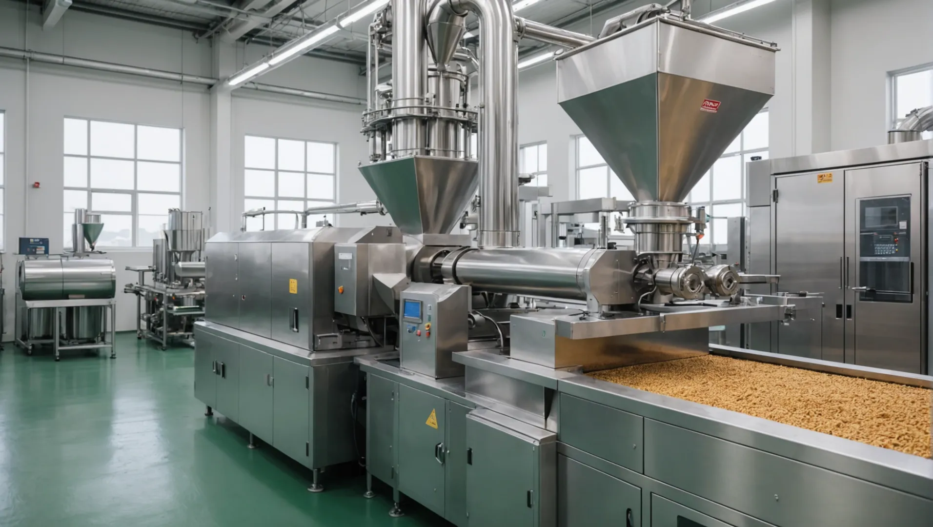 Double screw extruder in a pet food production facility, showcasing modern technology.