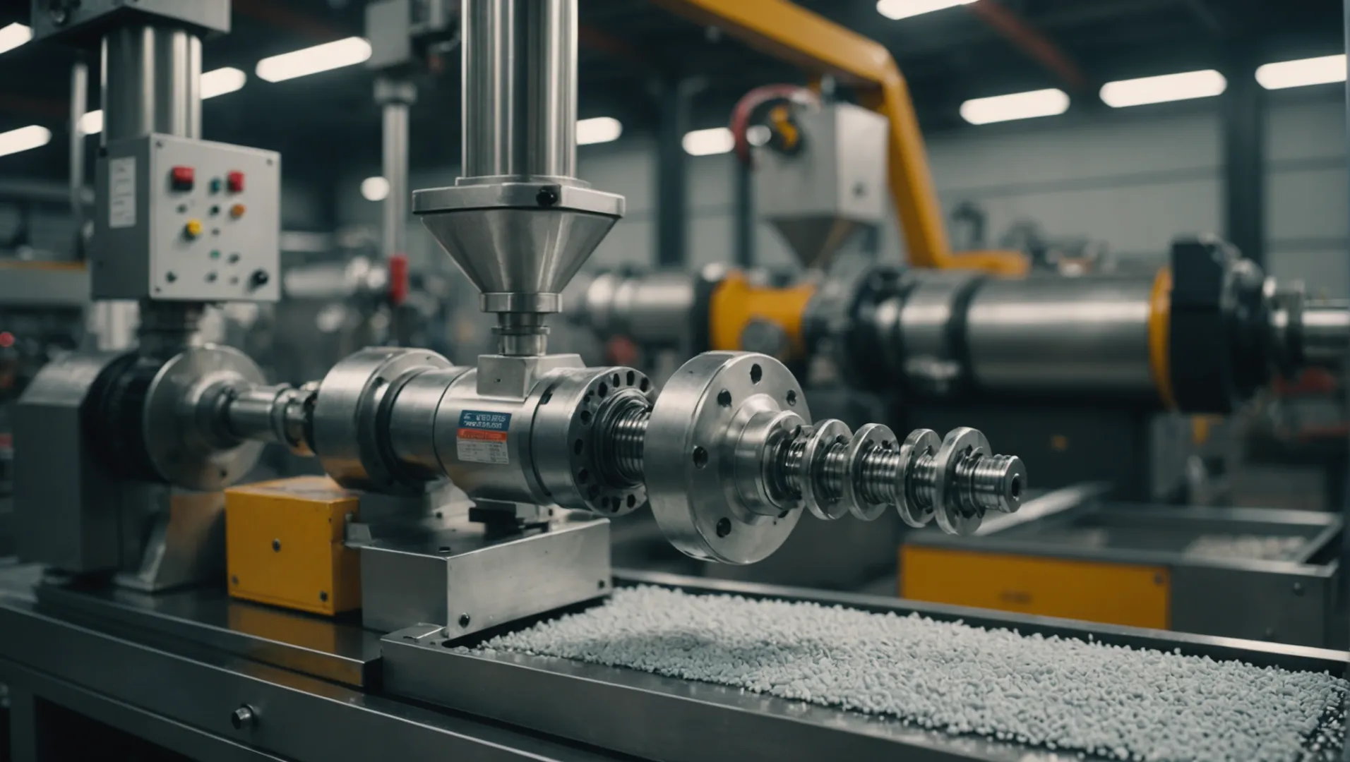 Double screw extruder mechanism showing intermeshing screws within a barrel