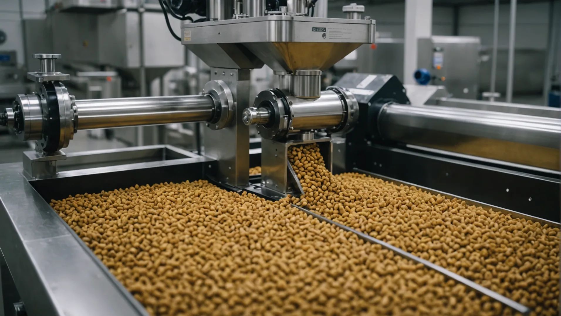 Close-up of a double screw extruder in operation, showing intermeshing screws and pet food mixture.