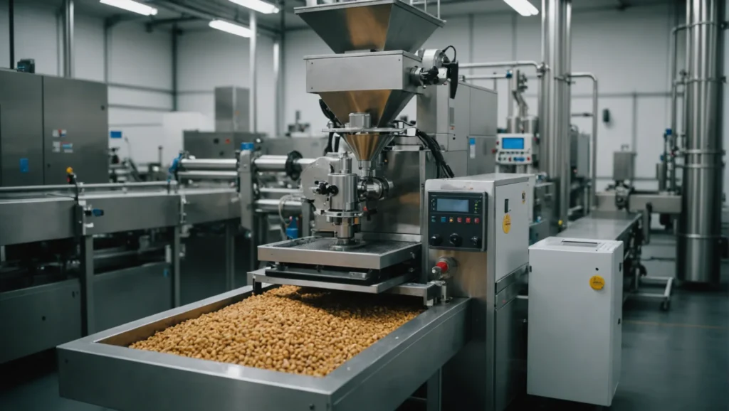 A double screw extruder machine in a pet food production facility