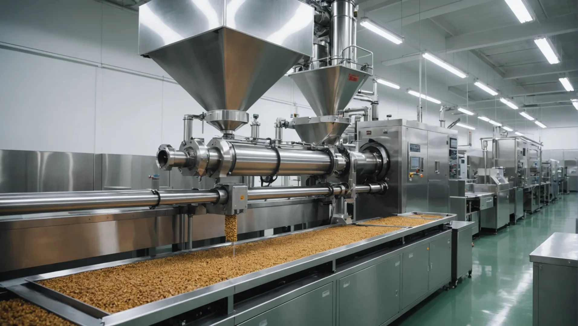 Double screw extruder in action, processing pet food ingredients