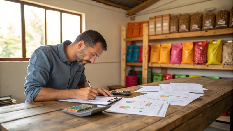 Entrepreneur calculating costs at a wooden desk