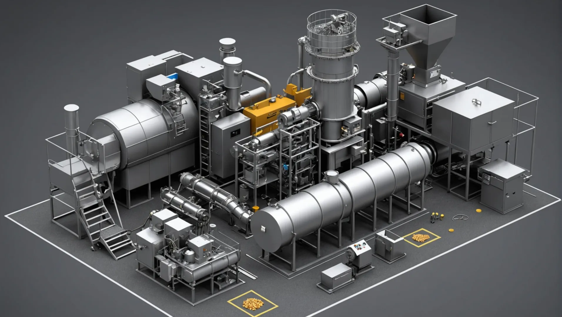 Fish food machine components including grinder, mixer, extruder, dryer, and cooling system.