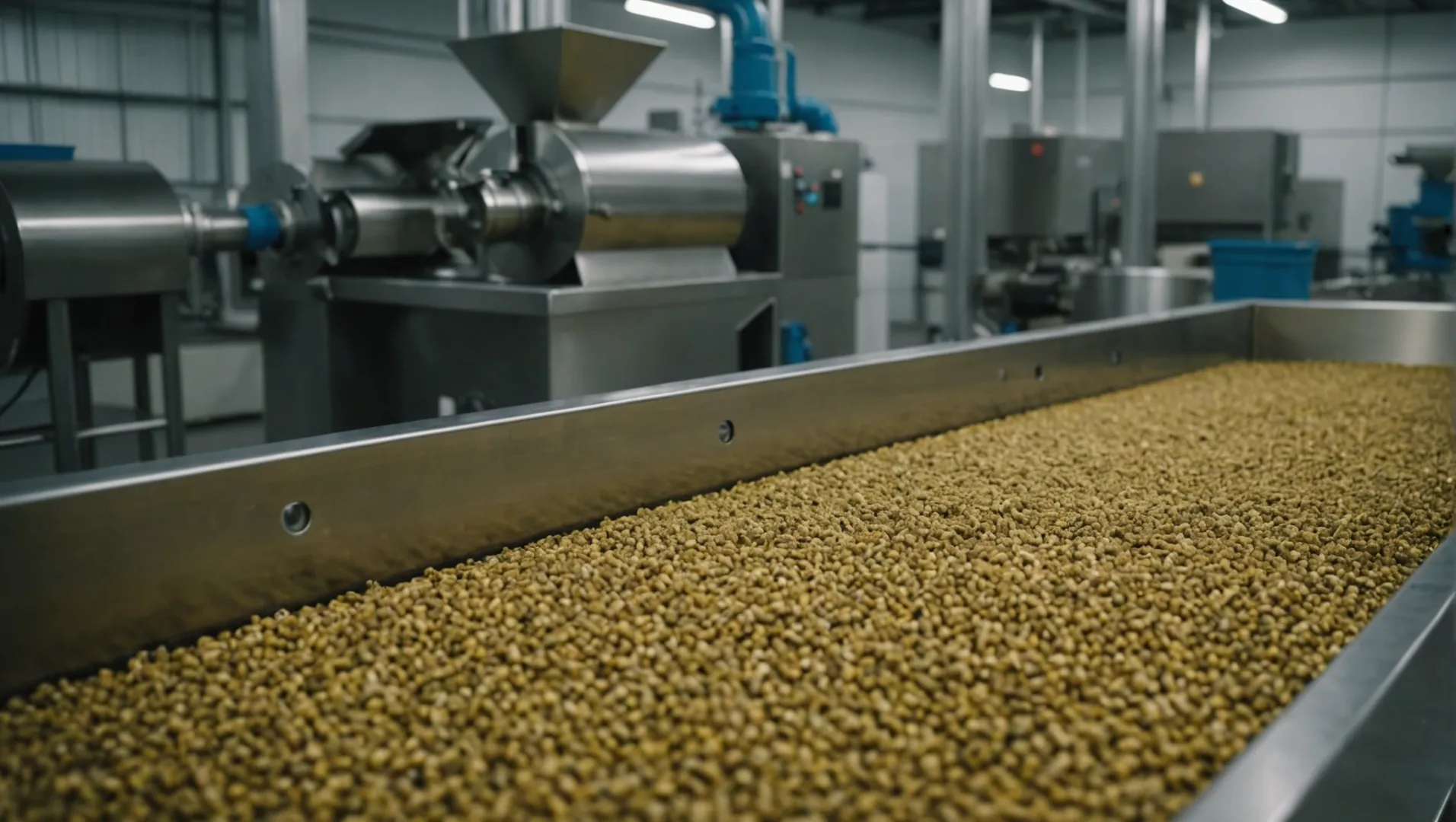 Fish food machine extruding pellets in a factory setting