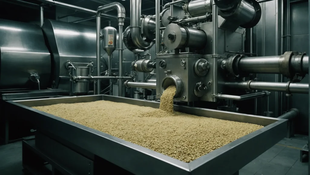 Fish food machine processing raw ingredients into pellets