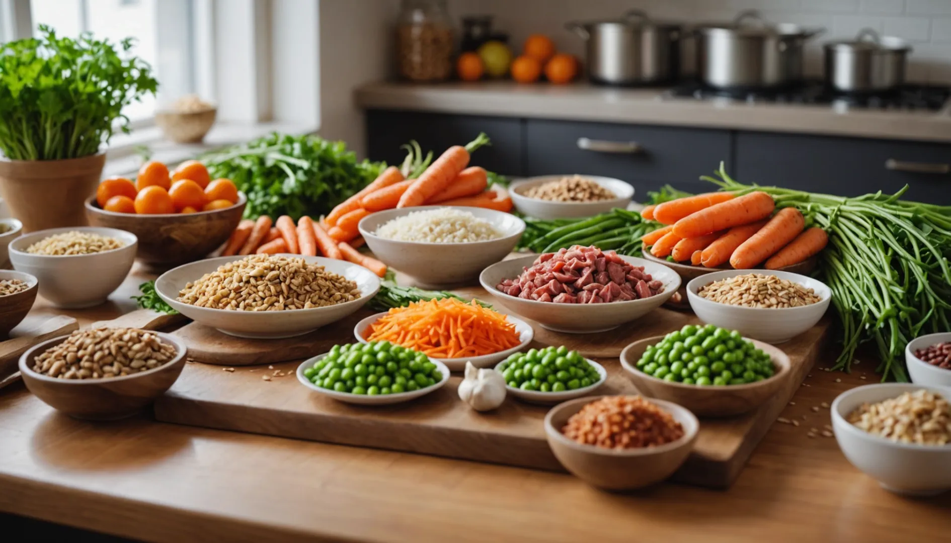 A vibrant tabletop scene of fresh pet food ingredients including meat, vegetables, and grains.