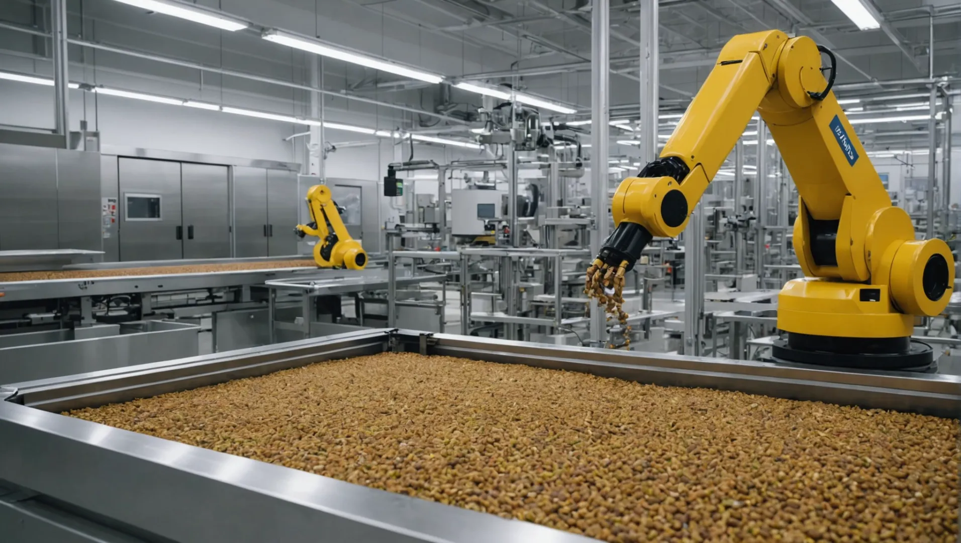 Modern dog food processing facility with robotic arms and eco-friendly packaging