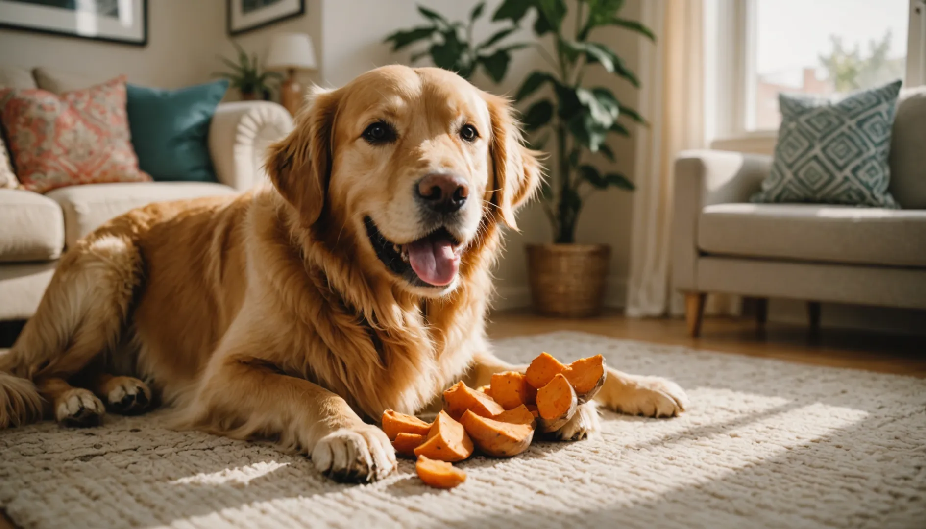 A golden retriever chewing on a sweet potato chew in a cozy living room