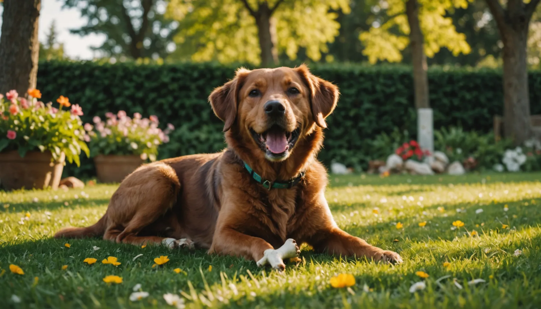 A medium-sized brown dog chewing on a rawhide bone in a garden.