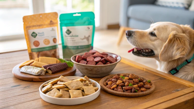 A happy dog interacting with vibrant pet treats on a wooden table