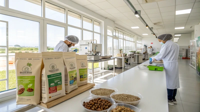 Workers in a modern pet food production facility preparing ingredients