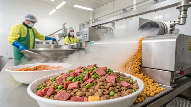 A high-tech pet food production line with workers overseeing the process.