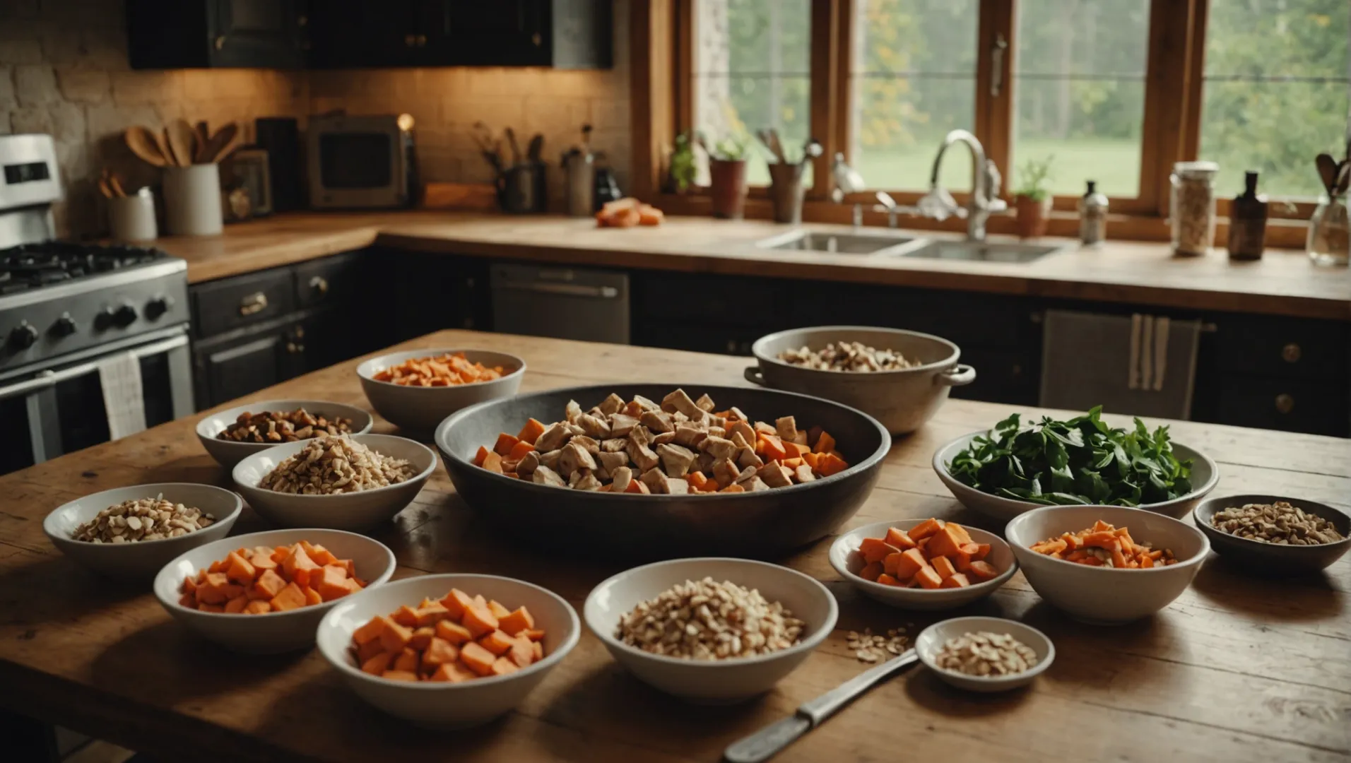 Ingredients for homemade dog bones including oats, carrots, chicken, and sweet potatoes.