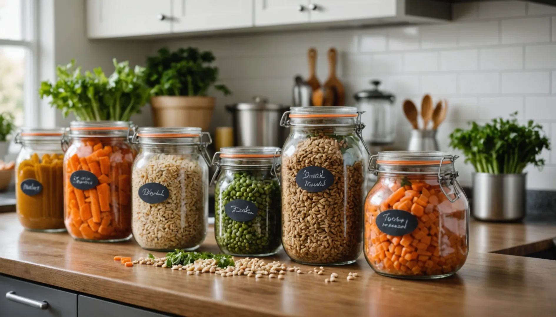 Homemade dog food displayed in glass jars with fresh ingredients