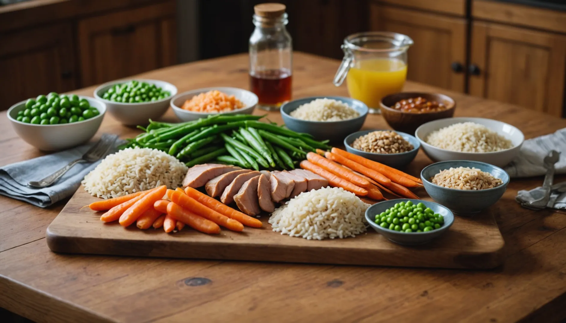 Assorted ingredients for homemade dog food on a wooden table