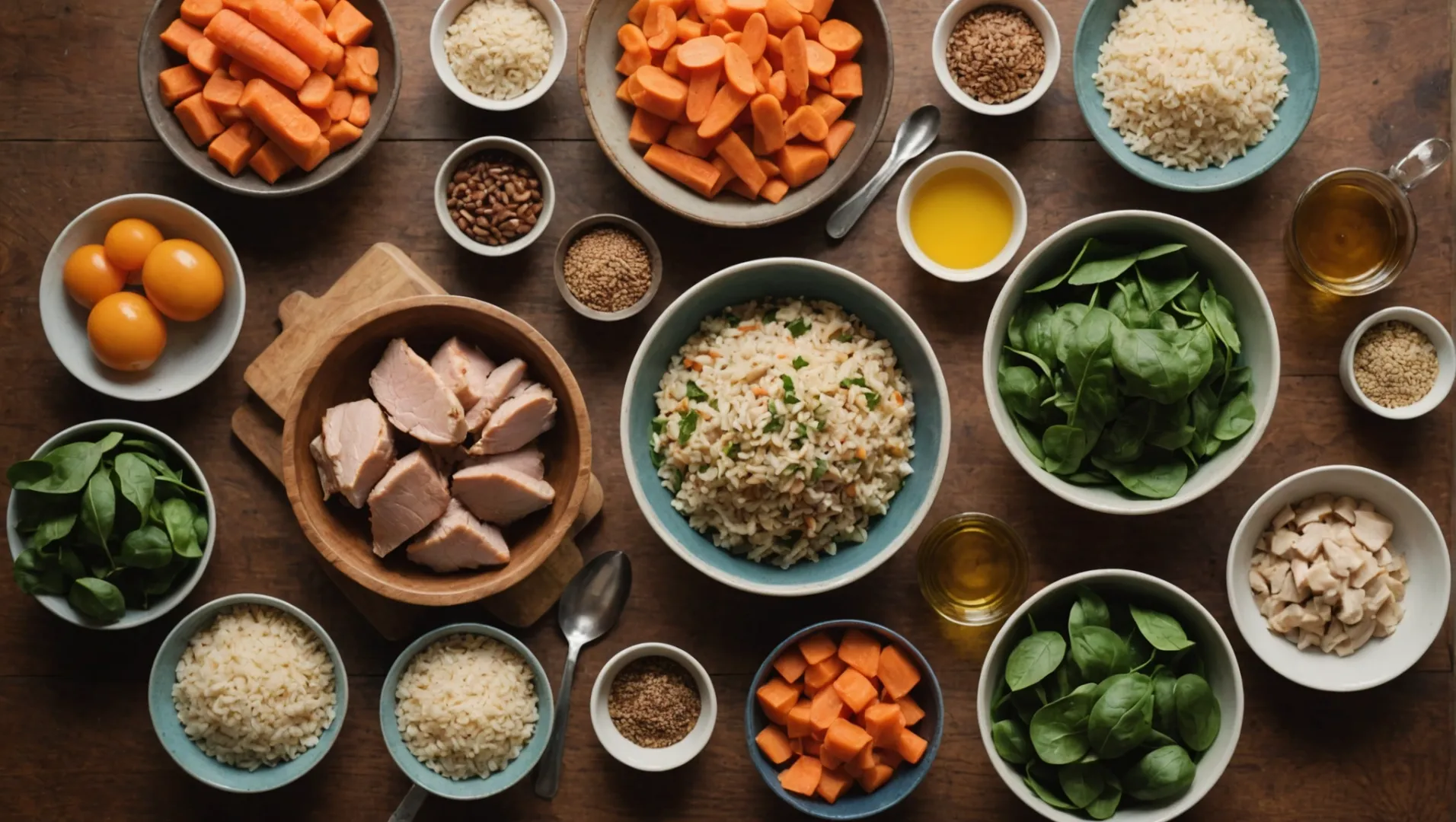 Ingredients for homemade dog food including chicken, carrots, and rice on a wooden table.