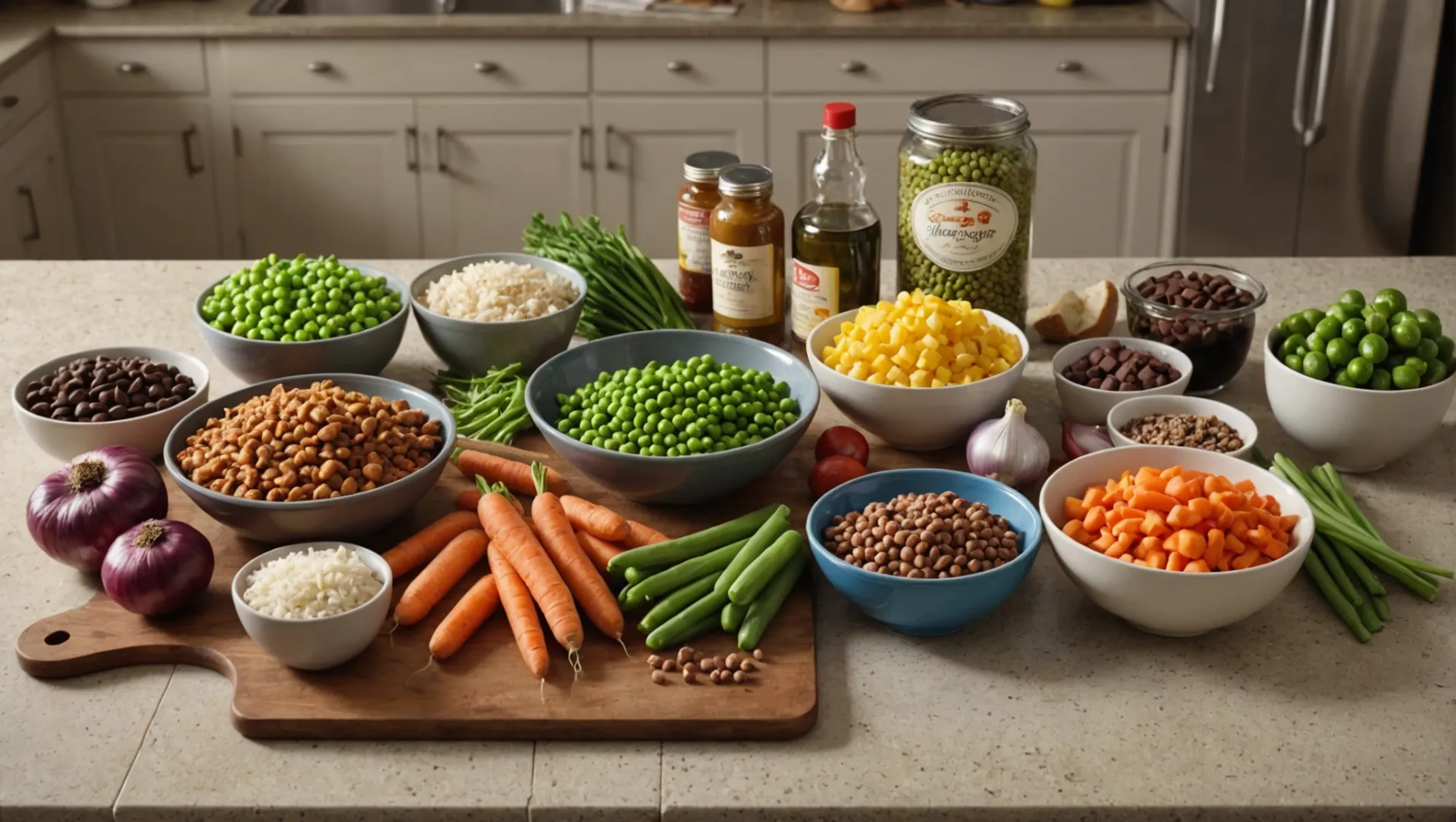 Homemade dog food ingredients on a kitchen counter