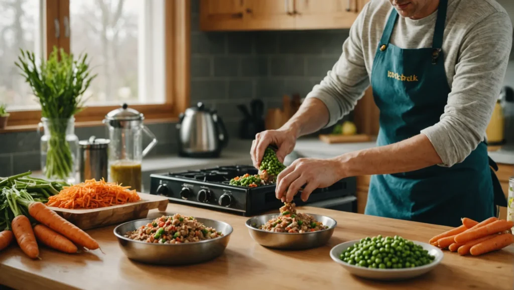 Person preparing homemade dog food with fresh ingredients on a kitchen counter