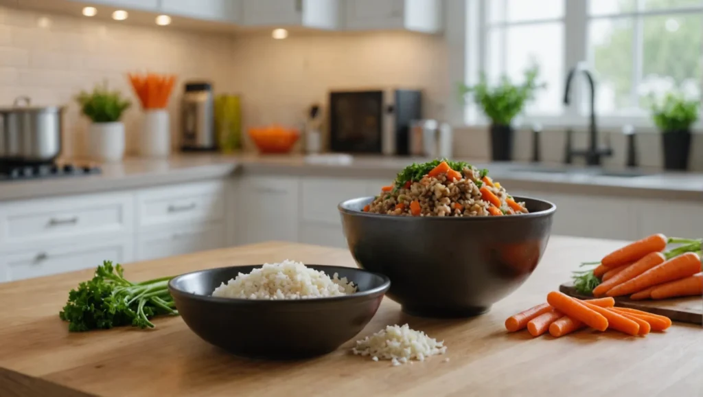 Homemade dog food preparation on a kitchen counter