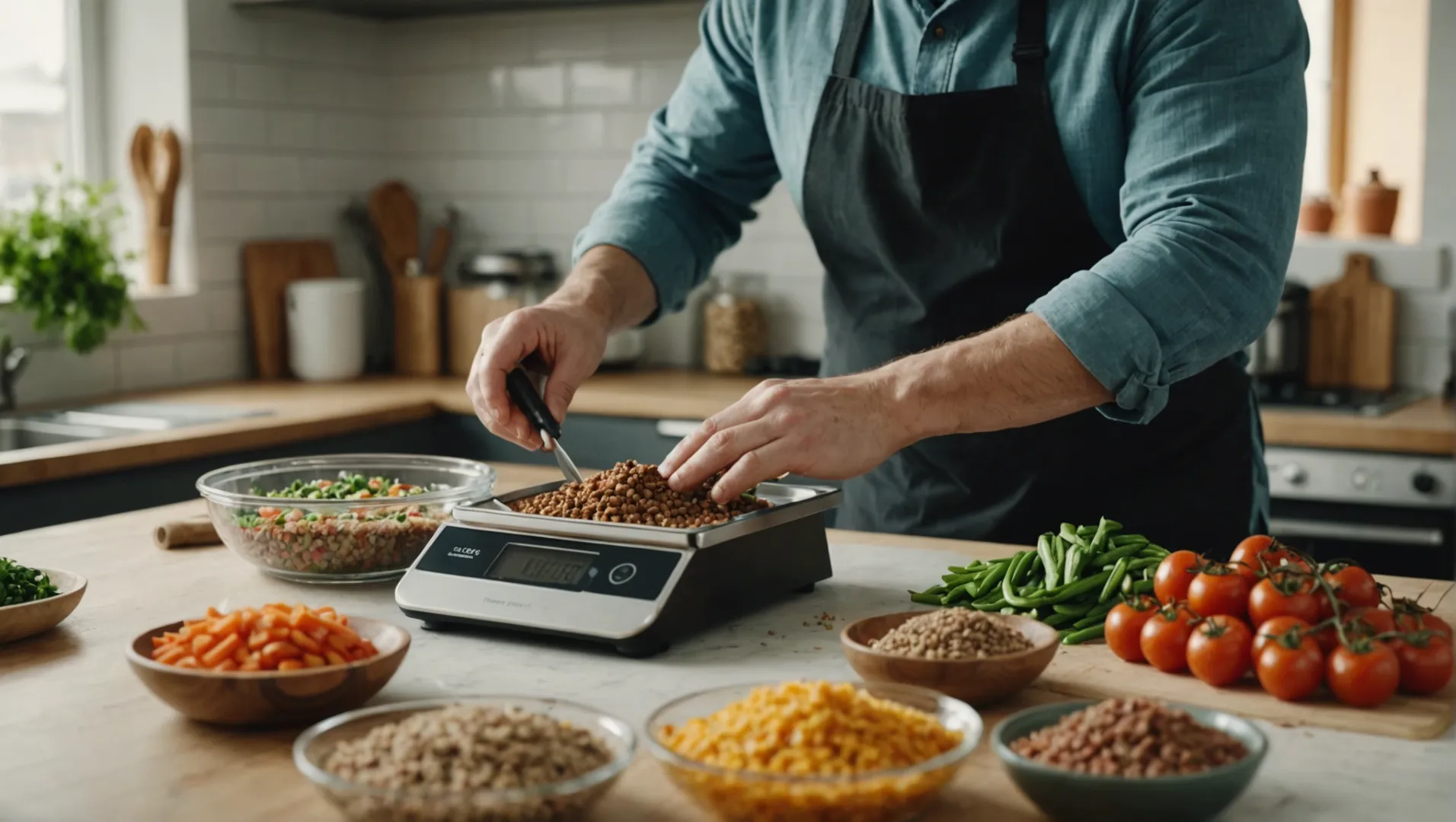 Person preparing homemade dog food in a kitchen