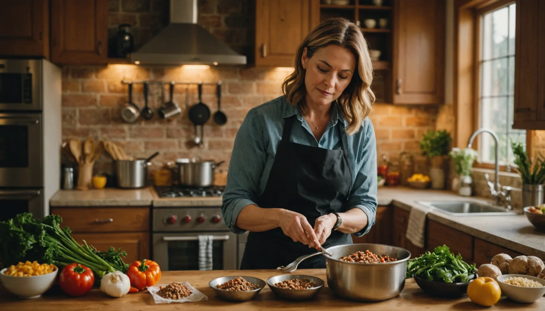 Woman preparing homemade dog food with fresh ingredients in a kitchen