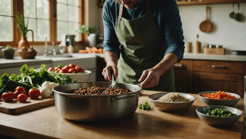 A person preparing homemade dog food in a kitchen setting, surrounded by fresh ingredients and cooking tools.