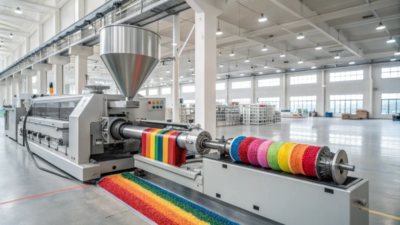 A modern industrial extruder processing colorful materials in a factory.