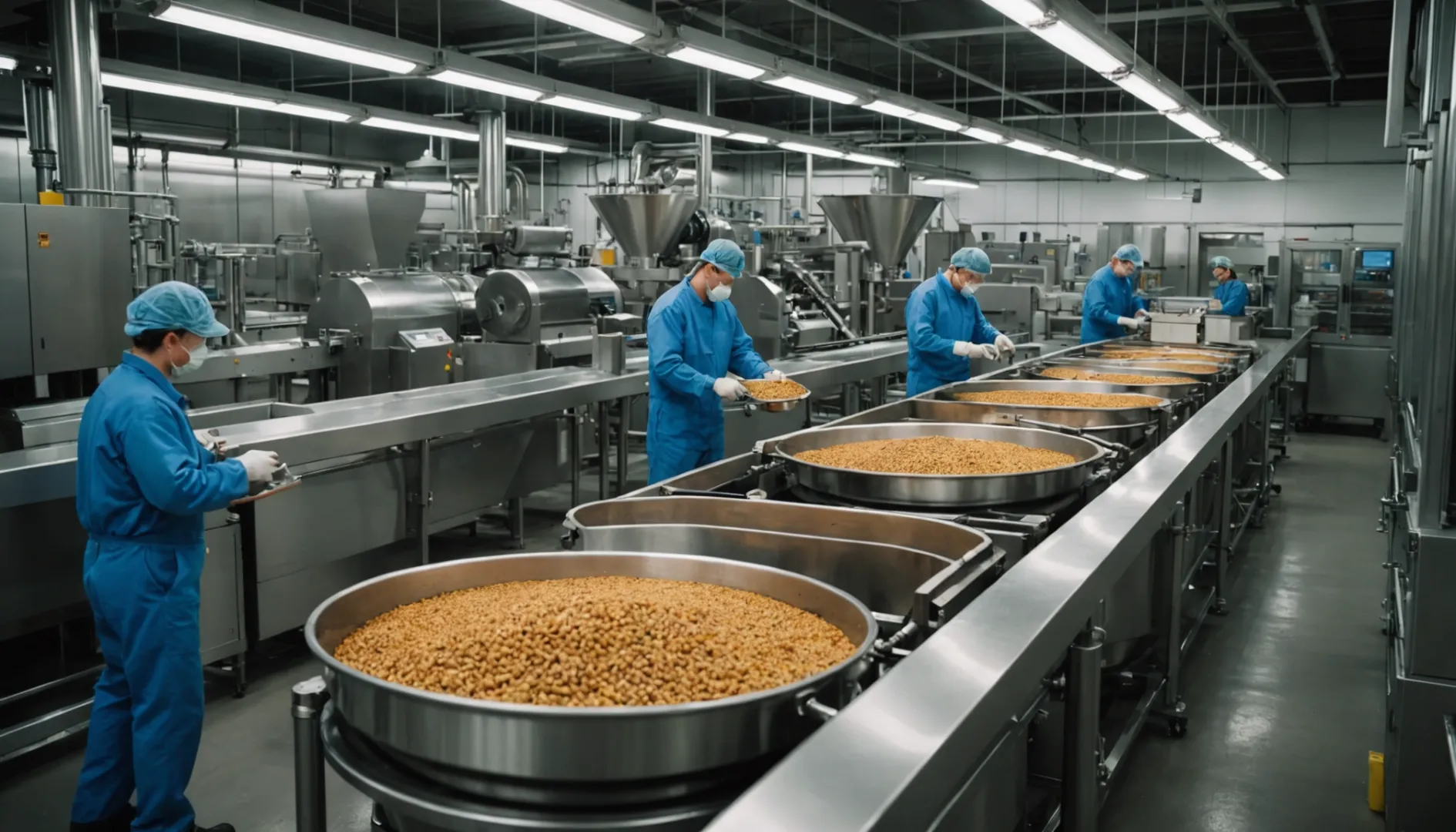 Industrial pet food manufacturing facility with production line