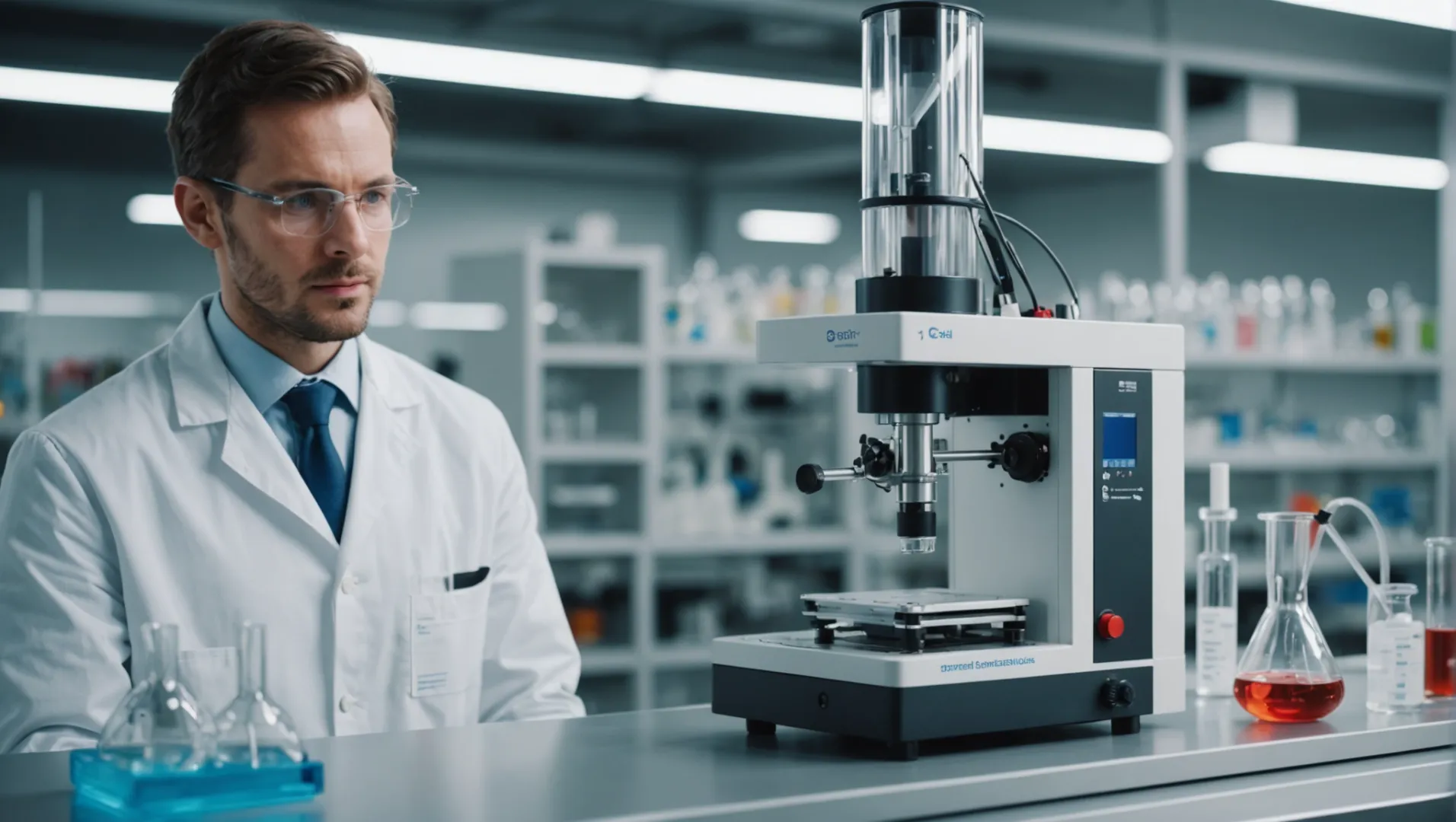 A mini lab extruder processing materials in a lab setting.