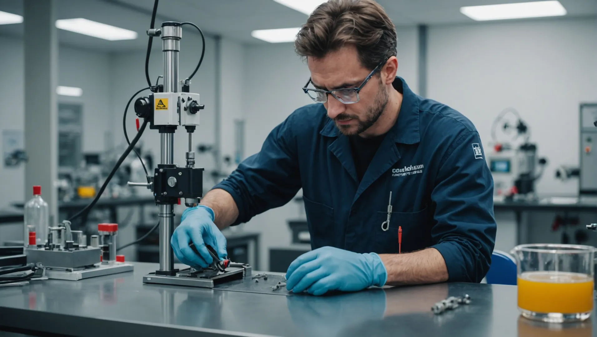 Technician performing maintenance on a mini lab extruder