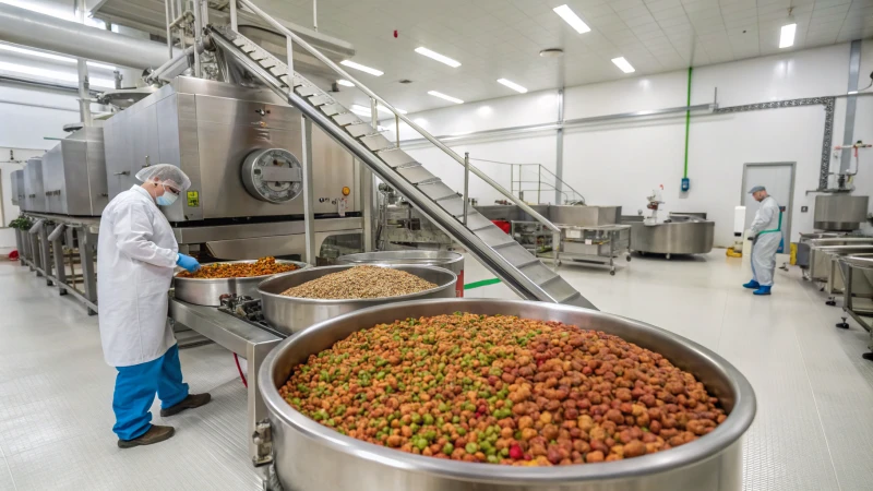 Interior of a cat food manufacturing facility with extrusion machinery