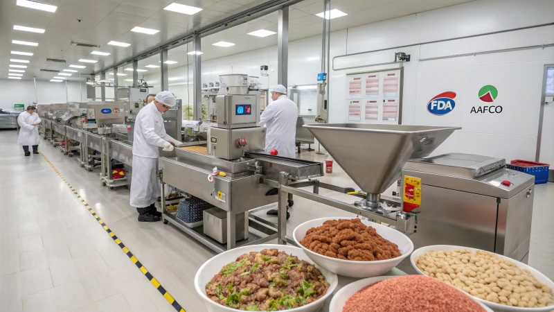 Interior of a dog food manufacturing facility with machinery and raw ingredients