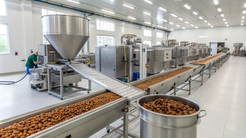 A modern dog food production facility showcasing advanced machinery and a clean environment.