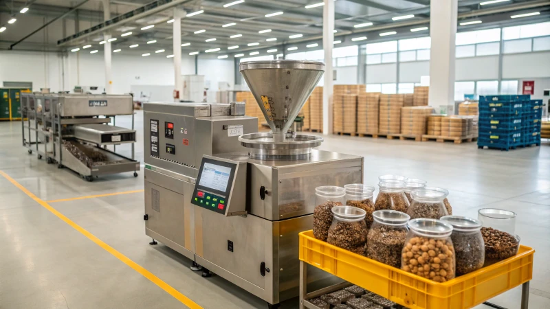 A modern stainless steel dog food production machine in a factory