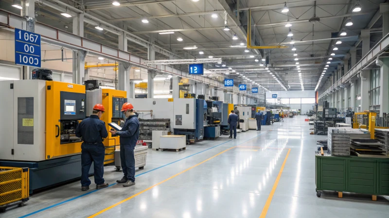 Interior of a modern factory with heavy machinery and workers evaluating equipment.