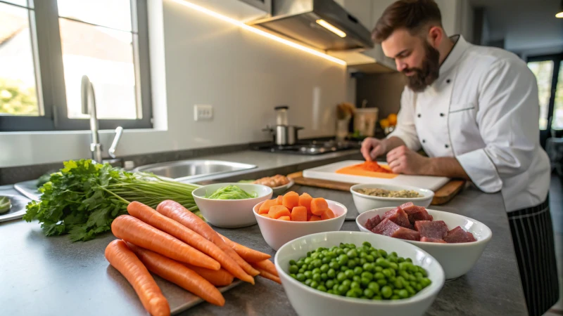 Chef preparing homemade dog food in a modern kitchen