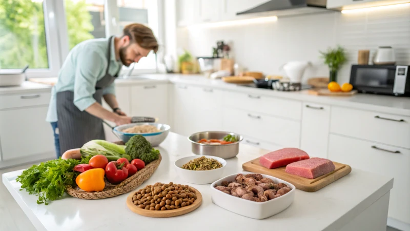 A modern kitchen with a person preparing dog food