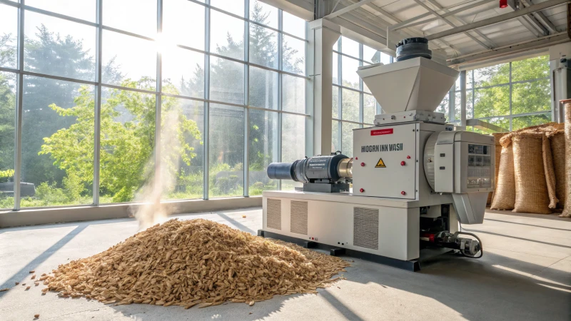 A modern pellet machine in a factory converting biomass into pellets