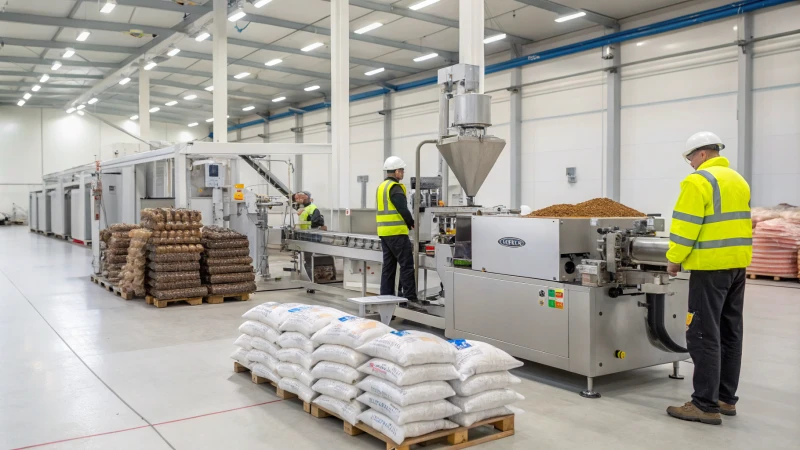 Workers overseeing a modern pellet machine in a pet food facility.