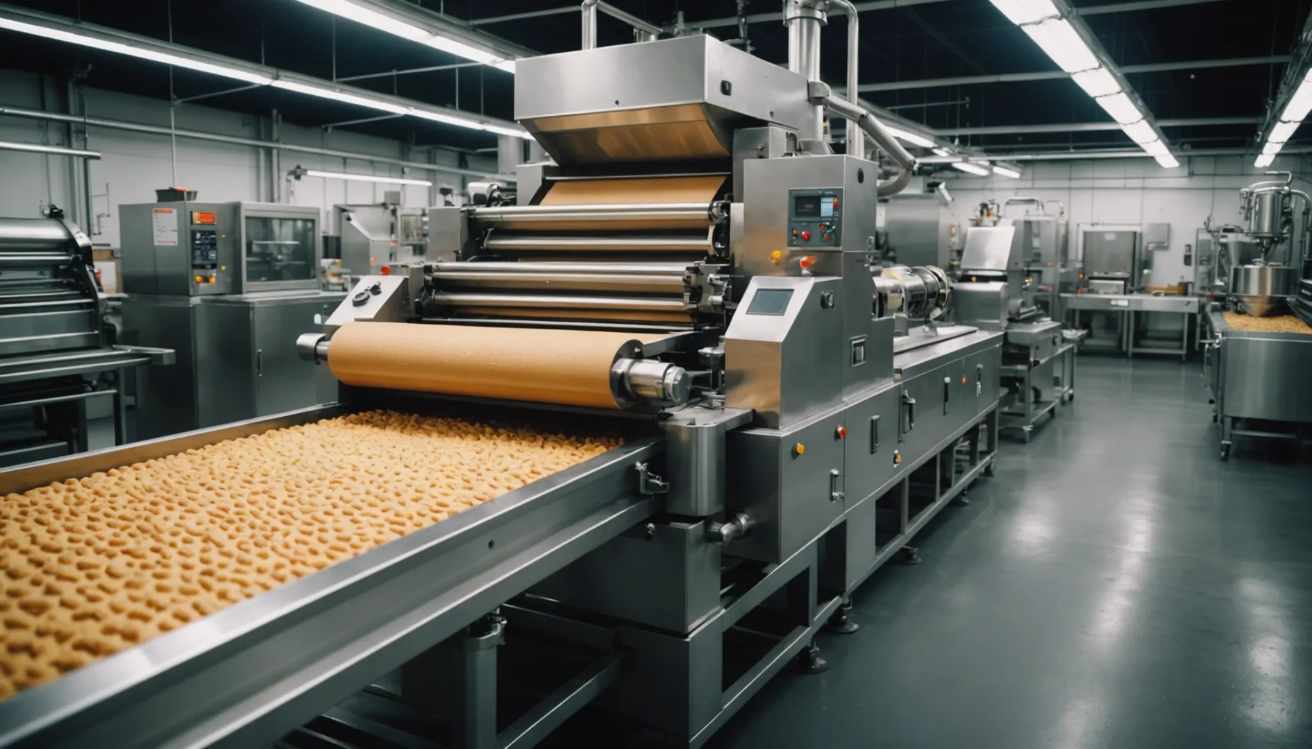 A modern pet biscuit making machine in a busy factory.