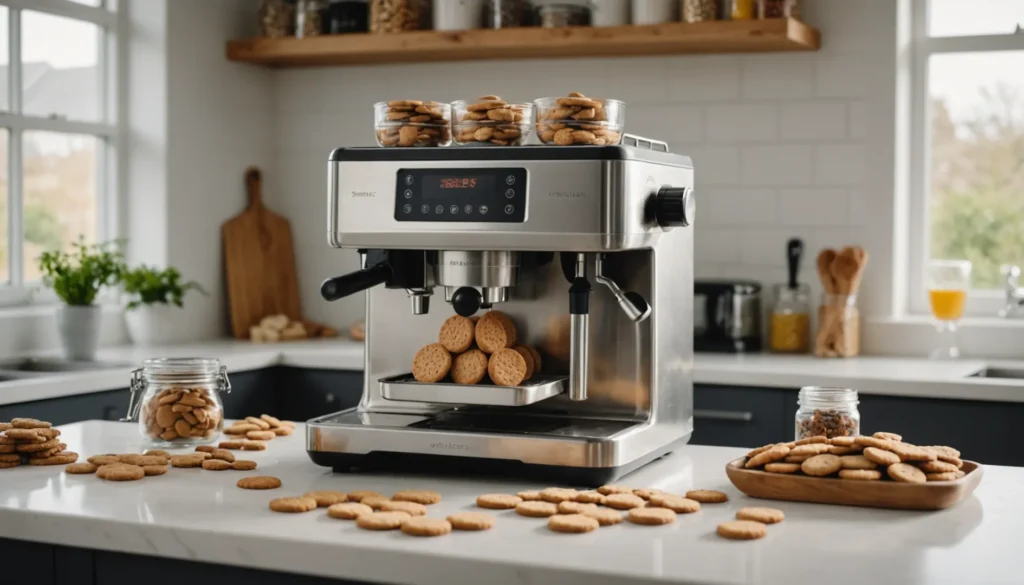 A stainless steel pet biscuit making machine in a bright kitchen