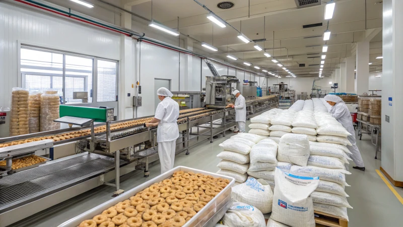 A modern pet biscuit processing line in a factory setting