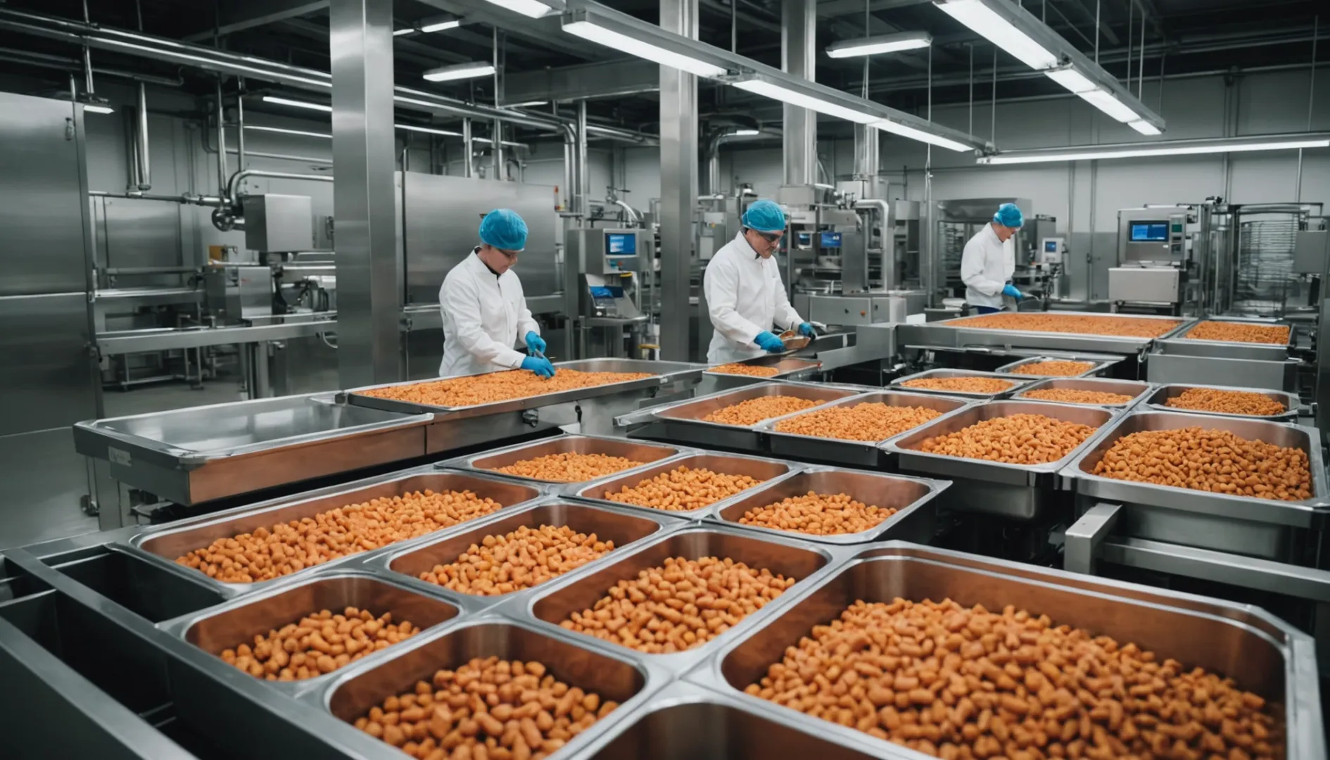 Modern pet food production facility with assembly line and ingredients.