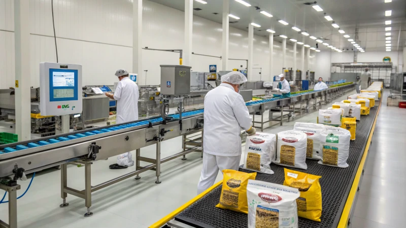 A modern pet food manufacturing facility with advanced machinery and workers