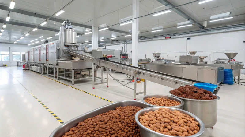 A modern pet food manufacturing facility with advanced machinery